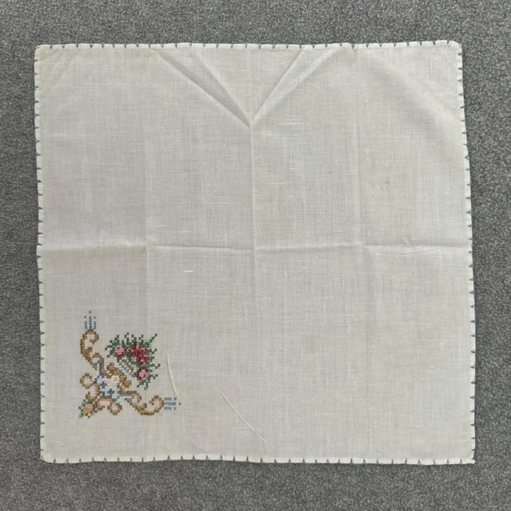 Vintage Embroidered Linen Napkins Set Floral Cross‎ Stitch Trim 12